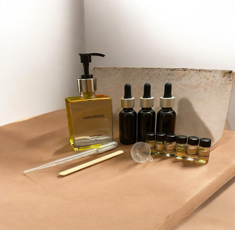 Body Oil Sampler Kit Includes 5oz Unscented Luxurious Body Oil 6 Scented Oils 3 Dropper Bottles 1 Plastic dropper 2 Mini funnel 1 Stirring Stick Label Customization Available