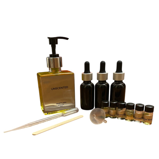 Body Oil Sampler Kit Includes 5oz Unscented Luxurious Body Oil 6 Scented Oils 3 Dropper Bottles 1 Plastic dropper 2 Mini funnel 1 Stirring Stick Label Customization Available